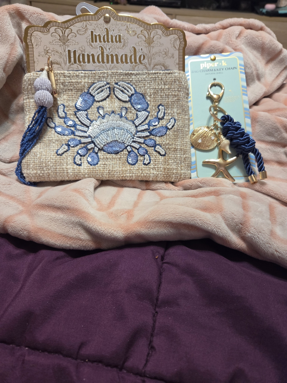 Handmade India Beaded Crab Pouch with Blue Tassel